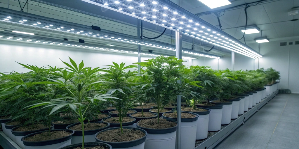 Modern indoor grow room for Blue Haze x Gelato 41 auto strain with LED lights and healthy plants arranged in pots under controlled conditions.