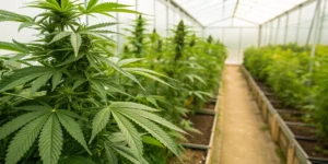A greenhouse setup for breeding weed featuring two parent cannabis plants with highlighted traits for crossbreeding.