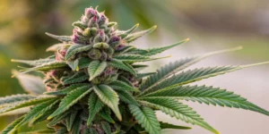 Close-up of a dense cannabis bud from Bubble Kush Auto strain with vibrant green and purple tones and sparkling trichomes.