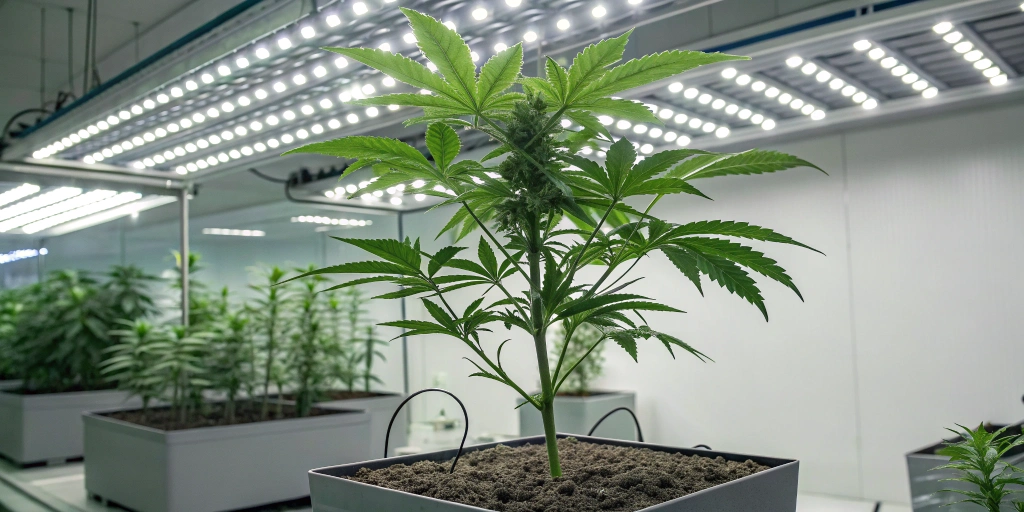 Digital illustration of an auto-flowering cannabis plant in an organized indoor grow room with LED lighting and modern equipment.
