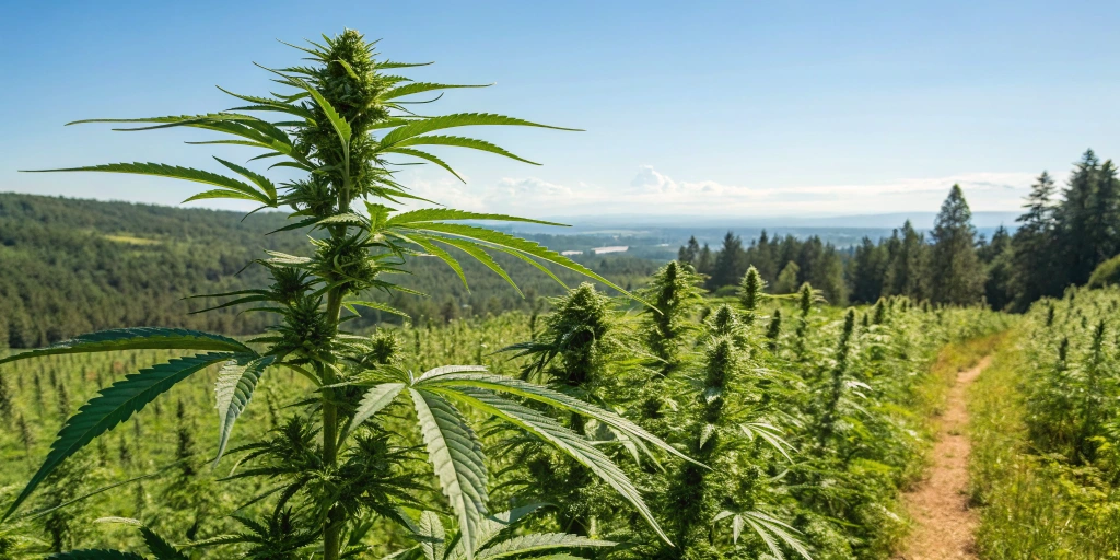 Outdoor view of a healthy auto-flowering cannabis crop under bright sunlight, with lush green foliage and a clear blue sky.
