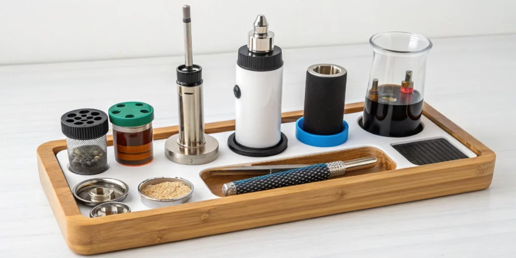 Organized dabbing station with Cold Start Banger and tools, ensuring safe and efficient sessions.
