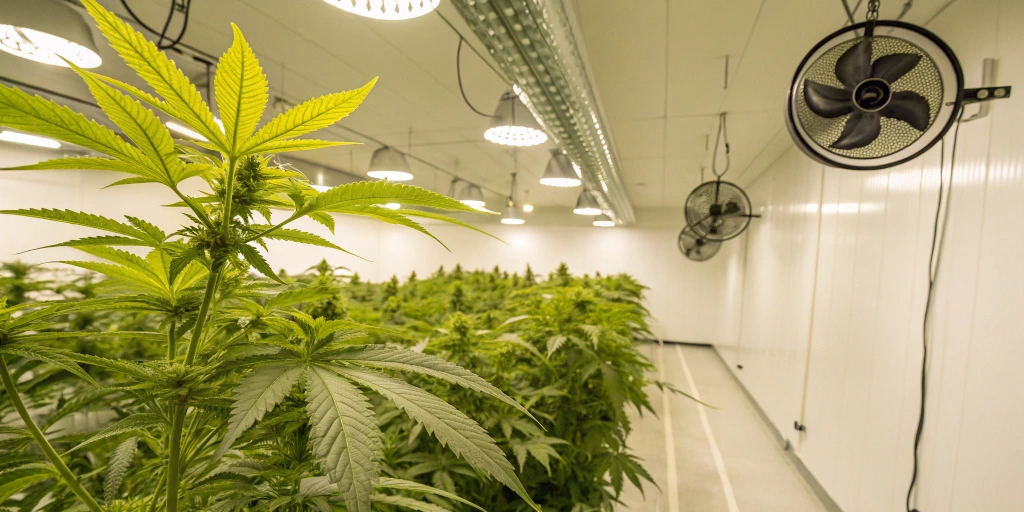 Indoor grow room with LED lights and fans, showing a healthy Cookies Gelato Auto strain plant with bright, citrus-green leaves.