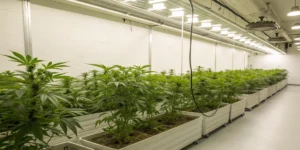 Indoor grow room displaying the easiest strains to grow for beginner cannabis cultivators.