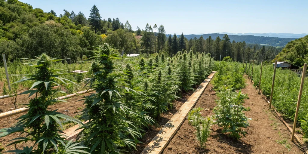 Outdoor cannabis garden with auto-flowering plants thriving under full sun in well-drained organic soil, set against a clear blue sky.