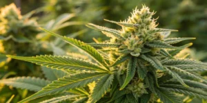 Close-up of Super Lemon Haze Auto buds with vibrant green leaves and sparkling trichomes, illuminated by soft natural sunlight, highlighting bright lemon hues.