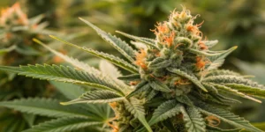 Close-up view of dense Exodus Cheese auto strain buds with bright orange pistils and glistening trichomes under soft natural light.