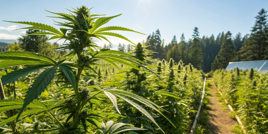 Outdoor cannabis garden featuring thriving Exodus Cheese auto strain plants under bright sunlight and a clear blue sky.