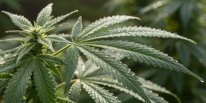 Close-up of cannabis leaves receiving foliar spray for cannabis, showcasing effective nutrient absorption.