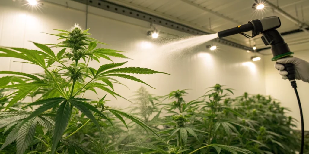 Indoor grow room where foliar spray for cannabis is applied evenly, promoting robust plant growth.