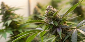 Close-up view of G14 Auto strain buds, highlighting dense resin and vibrant trichomes on a backdrop of healthy green leaves.