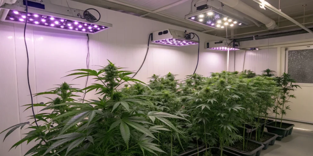 Indoor grow room with Gorilla Zkittlez Auto strain plants under LED lighting and controlled conditions.
