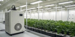 Modern grow room with a grow room dehumidifier and advanced climate control for healthy cannabis cultivation.