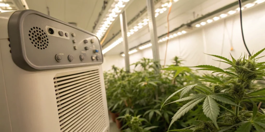 Close-up view of a grow room dehumidifier with digital controls in an indoor cannabis garden.