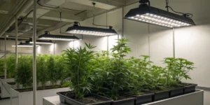 Indoor garden illuminated by high intensity discharge lights for growing with vibrant plants.