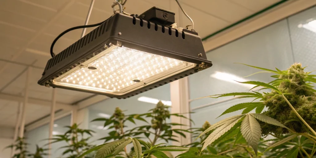 Close-up of high intensity discharge lights for growing in an indoor cannabis setup.