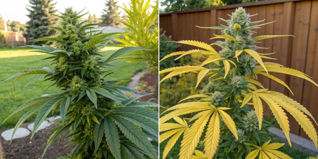 A dynamic side-by-side comparison of Lemon Skunk and Lemon OG plants in a well-lit outdoor garden, capturing their robust growth and distinctive lemon aroma.