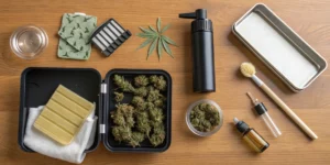 An overhead view of a well-arranged cannabis-friendly cleaning setup. All necessary tools and accessories are neatly organized on a sleek table. The image features warm, natural lighting and a minimalist style that emphasizes clarity and ease of use.