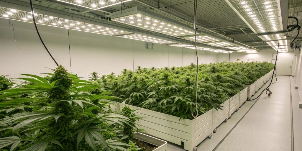 Modern indoor cannabis grow room with vibrant auto-flowering plants and dense buds under LED lighting.