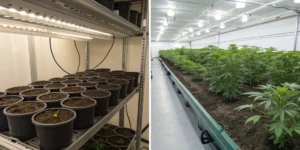 Side-by-side view of a hydroponic system with advanced equipment and a soil-based cannabis garden, illustrating cost differences.