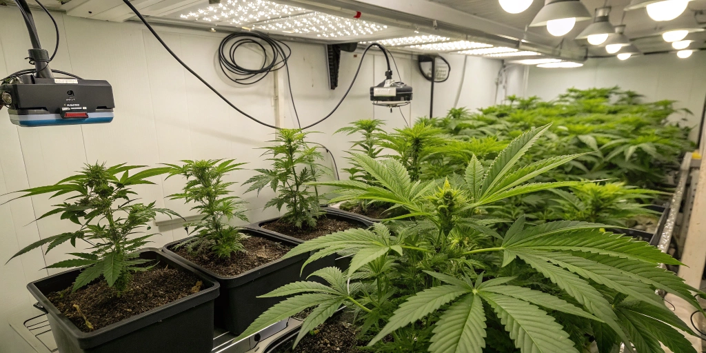 A neatly arranged indoor grow room displaying sour jealousy auto strain plants, complete with LED grow lights, fans, and nutrient systems, creating a controlled and efficient cultivation environment