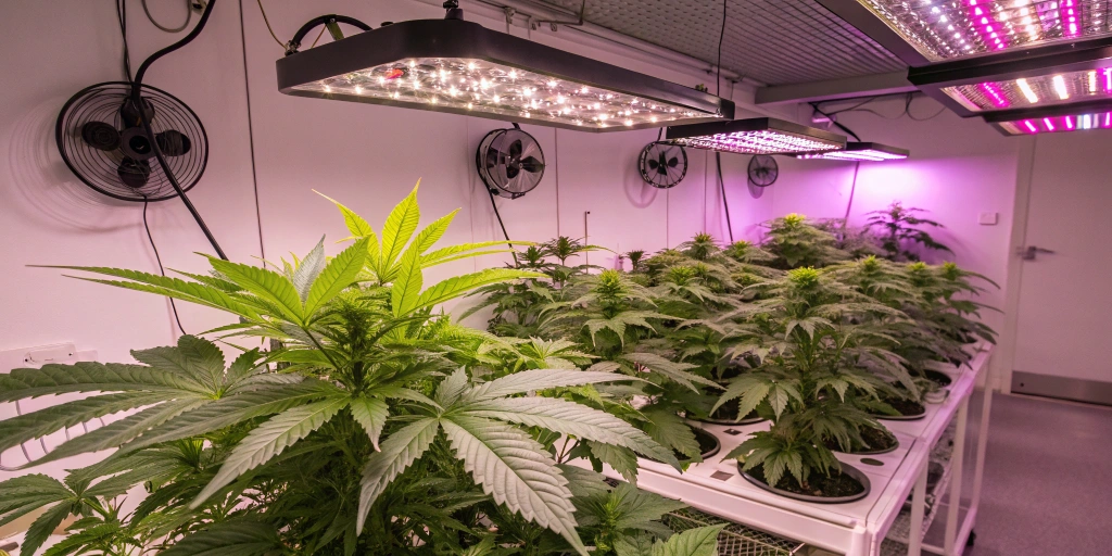 Indoor cultivation of Kalashnikova Auto strain in a modern grow room with LED lighting and proper ventilation.