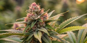 Close-up of a mature Kings Juice Auto strain bud, displaying dense trichomes and vibrant, resinous details under soft lighting.