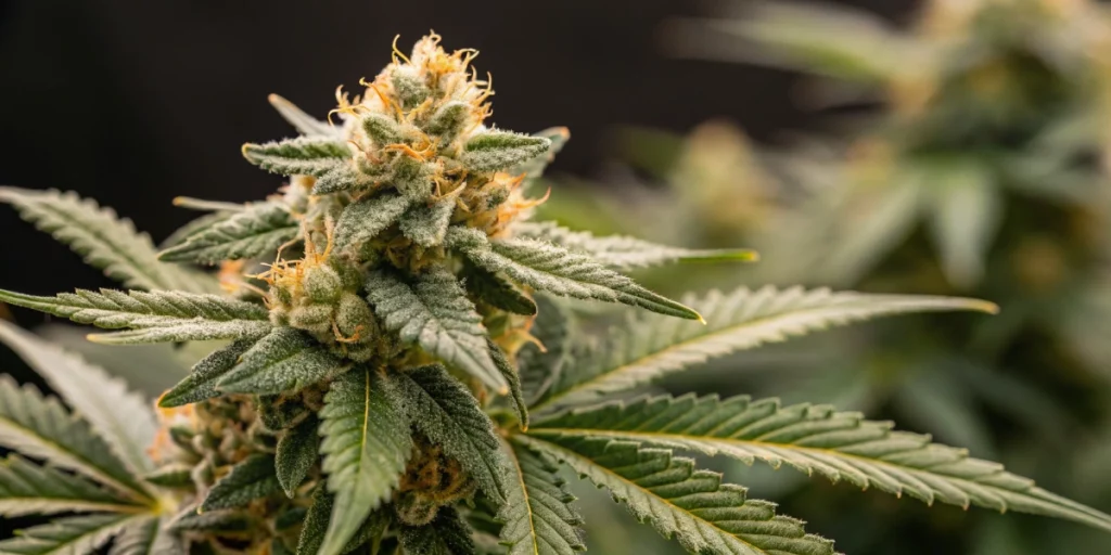 Artistic close-up of Kosher Cake auto strain buds showing intricate details and a citrus-infused aroma in a well-lit setting.