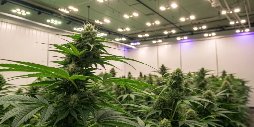 Indoor grow space with Kosher Cake auto strain plants under full-spectrum LED lights, highlighting healthy foliage and dense buds.