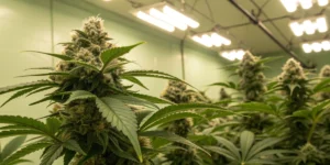Close-up of LSD 25 auto strain buds sparkling with resin under full-spectrum LED lights.