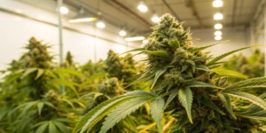 Close-up of Lemon AK auto strain buds with vibrant resin and bright citrus hues in an indoor grow room