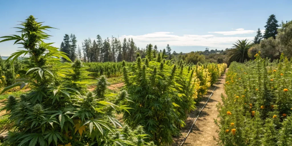 Outdoor garden of Lemon AK auto strain plants growing robustly under sunny conditions with natural light and vibrant foliage.
