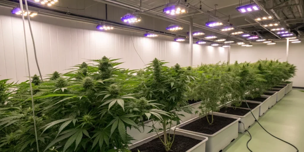 Indoor cultivation of Lemon Cherry Cookies auto strain with vibrant plants and full-spectrum LED lighting in a well-organized grow space.