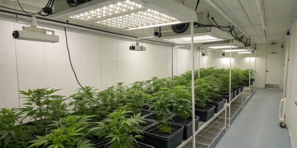 Indoor grow room with vibrant Lemon Pie auto strain plants under full-spectrum LED lights.