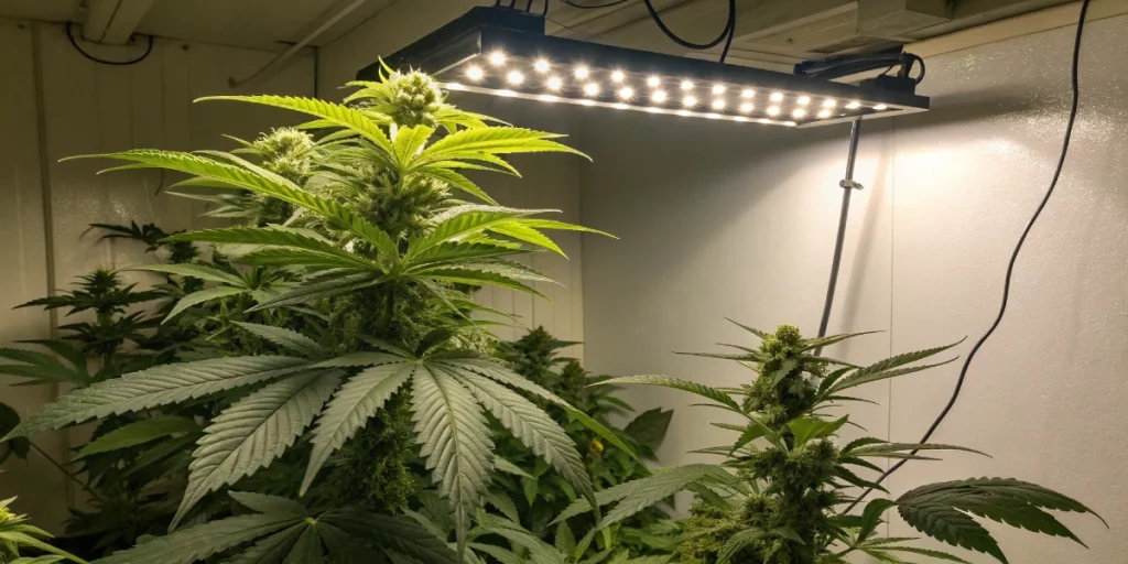 Indoor grow room featuring Mexican Airlines Auto Strain with bright LED lights and healthy, dense buds.