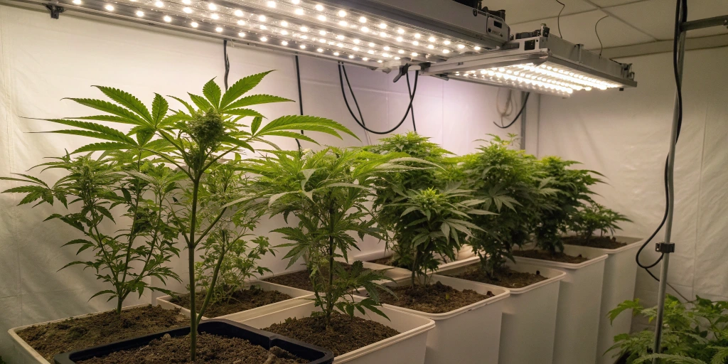 A modern indoor grow room for North Thunderfuck Auto strain with full-spectrum LED lights, fans, and organized equipment creating a controlled, efficient environment.