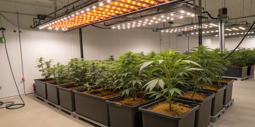 Indoor cultivation of Orange Sherbet auto strain in a well-organized grow room with LED lighting.