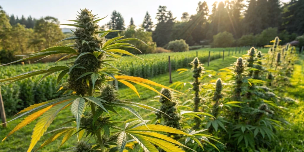 Outdoor grow of Orange Sherbet auto strain with vibrant, healthy plants under natural sunlight.