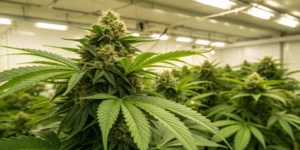 Mature auto-flowering cannabis plant with dense, resinous buds and detailed trichomes in a bright indoor grow room.