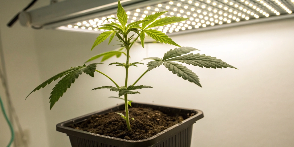 Close-up of a vibrant cannabis seedling growing under LED lights in a tidy indoor setup.