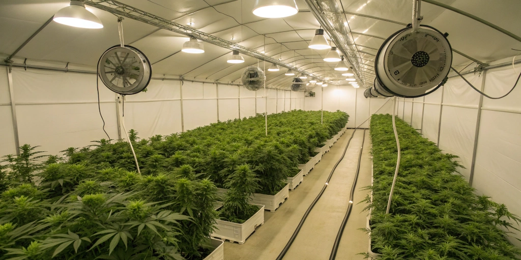 Panoramic view of an organized indoor cannabis grow room with multiple tents, fans, and full-spectrum lights ensuring healthy plant growth.