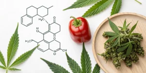Infographic illustrating the chemical structure and benefits of Pepper Terpene in enhancing cannabis flavor.