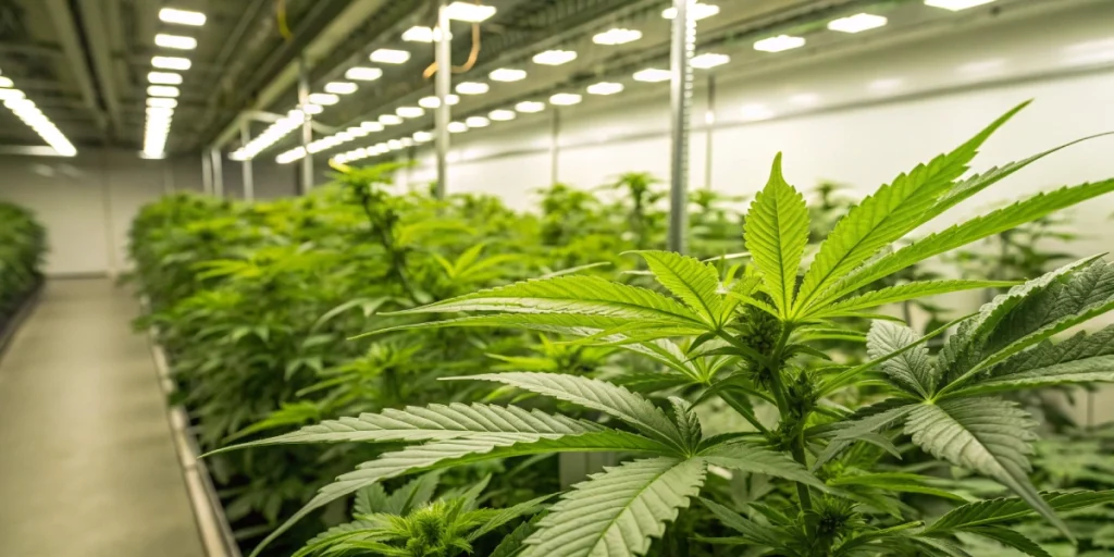 Modern indoor cannabis grow room showcasing strains enriched with Pine Terpene for superior aroma and flavor.