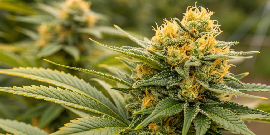 Close-up of dense, resinous Pineapple Express strain buds with vibrant trichomes and bright yellow-green coloration.