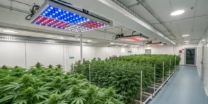 Modern indoor grow room with healthy green cannabis plants illuminated by full-spectrum LED lights in a neat, organized space.