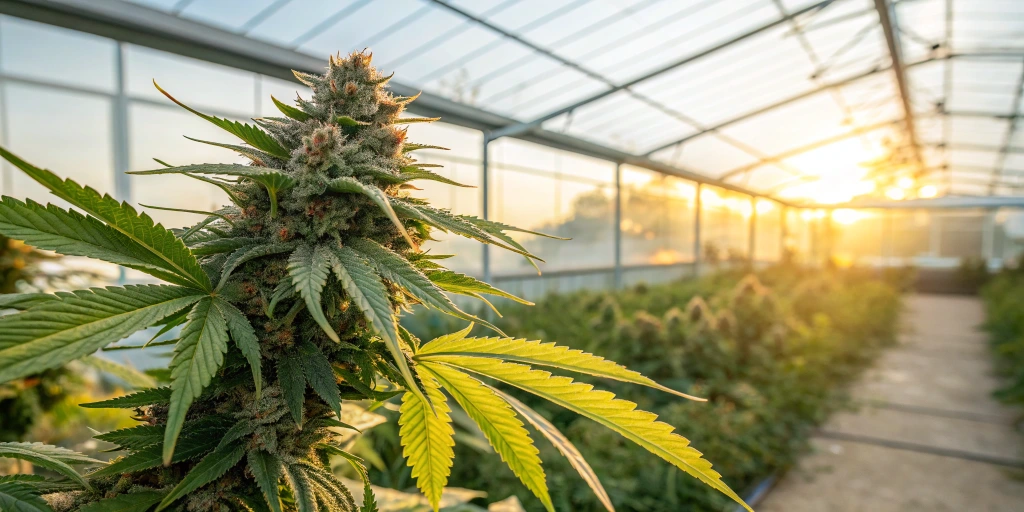 Macro photograph of a mature cannabis bud in a greenhouse with detailed trichomes and vivid colors illuminated by soft natural sunlight.