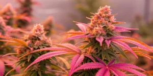 Close-up of Pink Mist Auto buds with bright citrus hues and sparkling trichomes on a soft, blurred background.