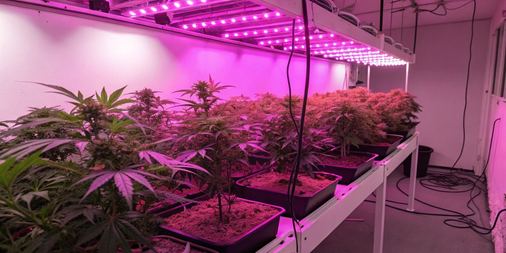 Indoor grow room with healthy Pink Mist Auto plants under LED lights in an organized, modern setup.
