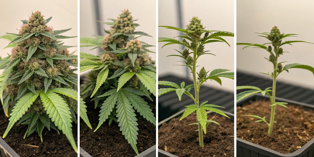Collage of Pink Mist Auto strain growth stages from seedling to harvest, displaying vibrant bud development and resin production.