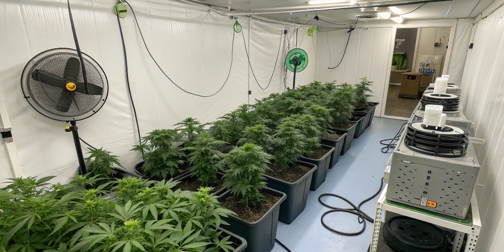 A clean, organized indoor grow space featuring advanced equipment like fans and carbon filters, with neatly arranged Pound Cake Auto plants demonstrating optimal light distribution.